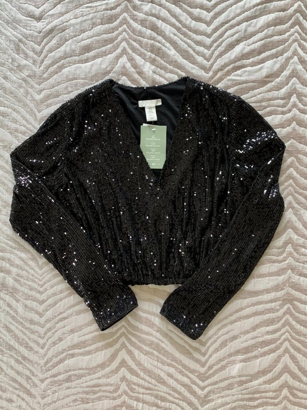 H&M Black Sequined Wrapover Blouse NWT Party Crop Top Size: XS